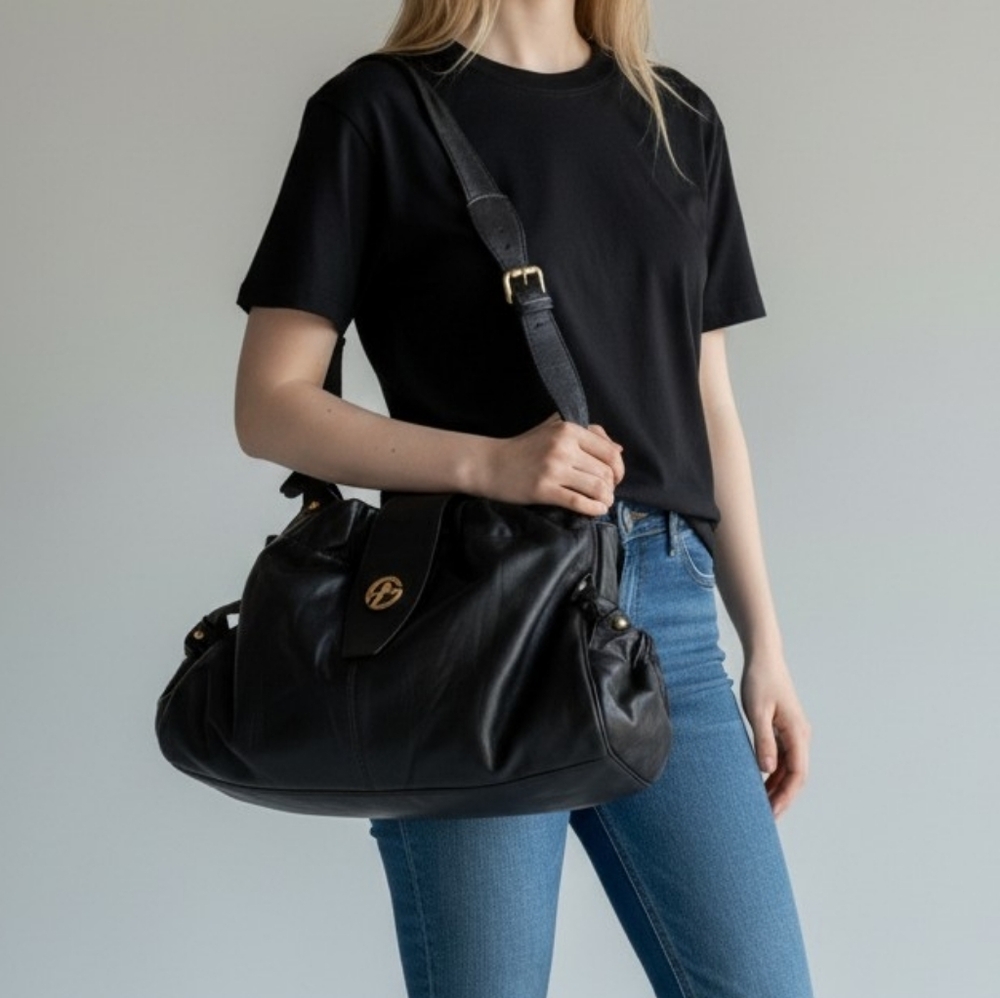 Francesco Biasia Black Leather Shoulder Bag with Gold Logo